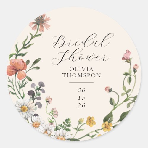 Watercolor Wildflower Wreath Script Bridal Shower Classic Round Sticker