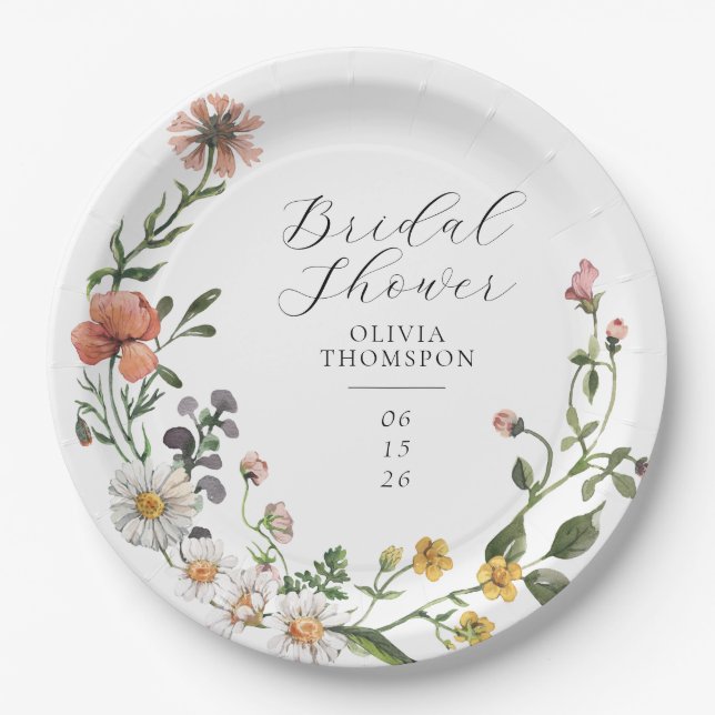 Watercolor Wildflower Wreath Script Bridal Shower Paper Plates (Front)