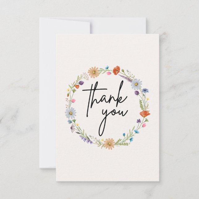 Watercolor Wildflower Wreath Thank You Card (Front)