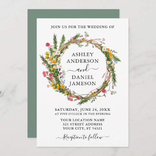 Watercolor Wildflower Wreath Wedding Sage Green Invitation