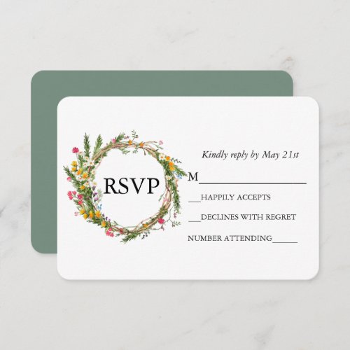 Watercolor Wildflower Wreath Wedding Sage Green RSVP Card