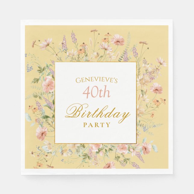 Watercolor Wildflowers 40th Yellow Birthday Napkins (Front)