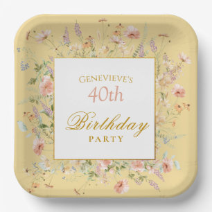 Watercolor Wildflowers 40th Yellow Birthday Paper Plates