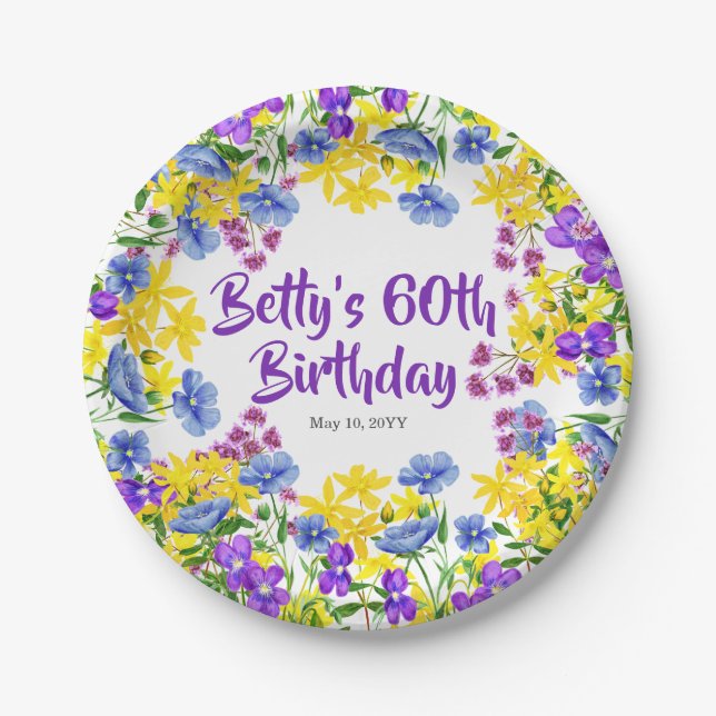Watercolor Wildflowers 60th Birthday Party Paper Plates (Front)