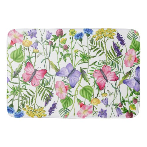 Watercolor Wildflowers and Butterflies  Bath Mat