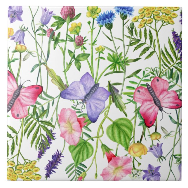Watercolor Wildflowers and Butterflies Colorful Ceramic Tile (Front)