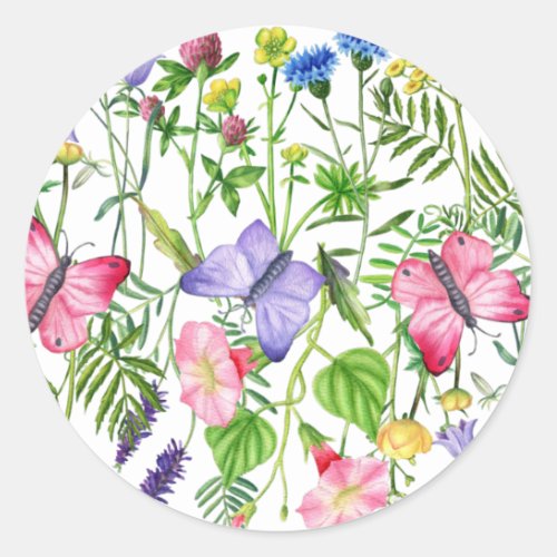 Watercolor Wildflowers and Butterflies Colorful Classic Round Sticker