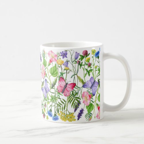 Watercolor Wildflowers and Butterflies Colorful Coffee Mug