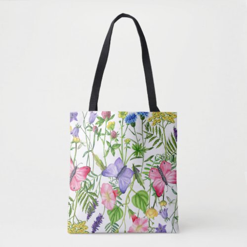 Watercolor Wildflowers and Butterflies Colorful Tote Bag