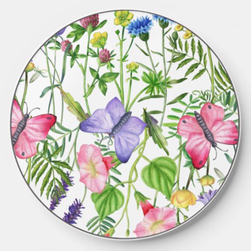 Watercolor Wildflowers and Butterflies Colorful Wireless Charger