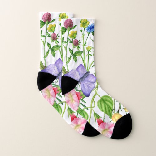 Watercolor Wildflowers and Butterflies  Socks