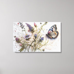 Watercolor Wildflowers and Butterfly Canvas Print