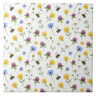 Watercolor Wildflowers and Honeybees  Ceramic Tile