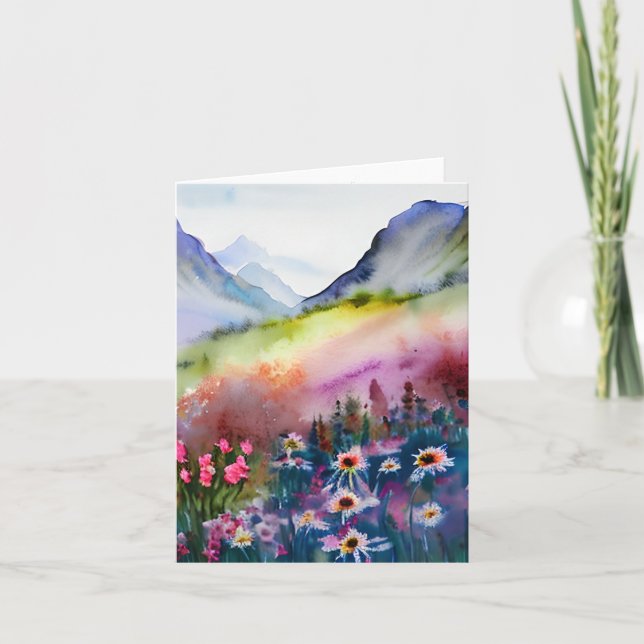 Watercolor wildflowers and mountain customizable card (Front)
