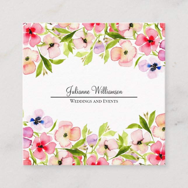 Watercolor Wildflowers and Pansies Pretty Feminine Square Business Card (Front)