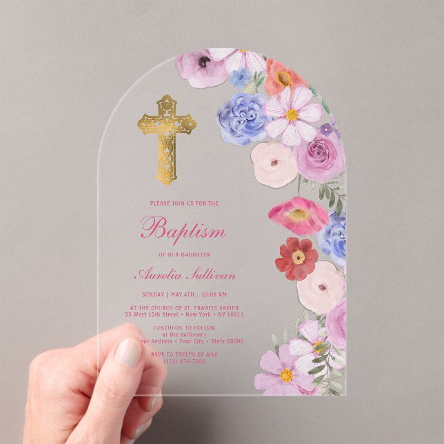 Watercolor Wildflowers Arch Baptism Acrylic Invitations (Insitu (Handheld))