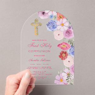 Watercolor Wildflowers Arch First Communion Acrylic Invitations