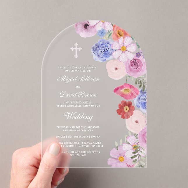 Watercolor Wildflowers Arch Wedding Acrylic Invitations (Insitu (Handheld))