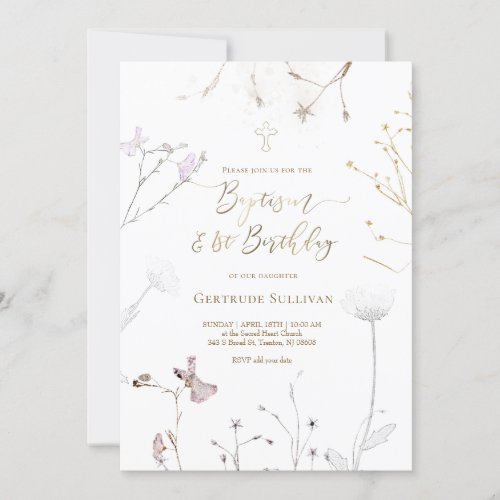 watercolor wildflowers Baptism  1st Birthday Invitation