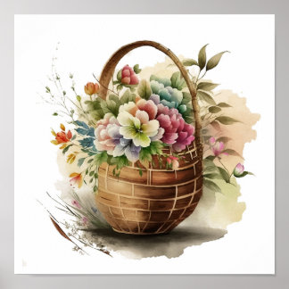 Watercolor Wildflowers Basket Poster