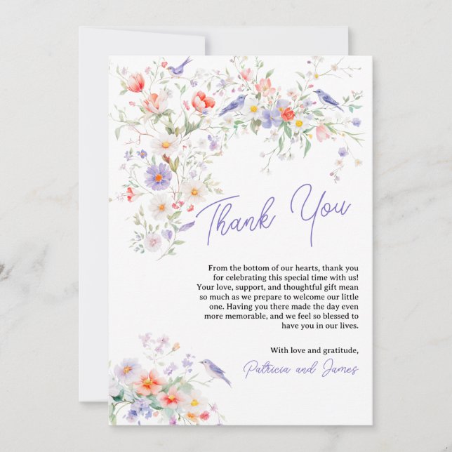 Watercolor Wildflowers Birds Baby Shower Thank You (Front)