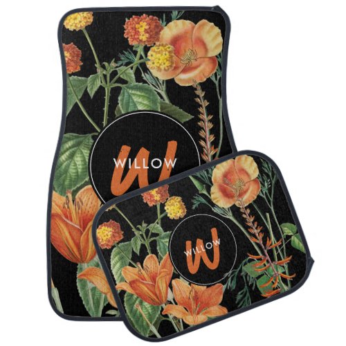 Watercolor Wildflowers Black Orange Monogram Car Floor Mat