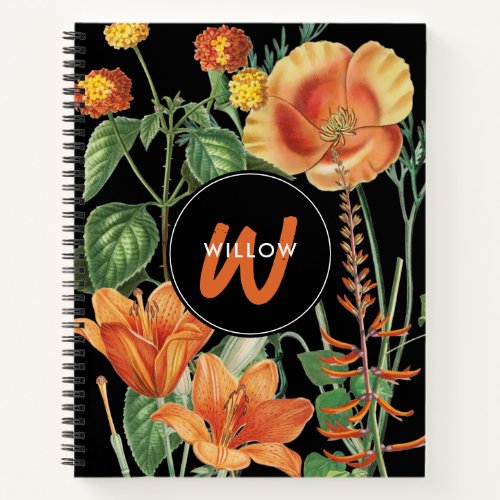 Watercolor Wildflowers Black Orange Monogram Notebook