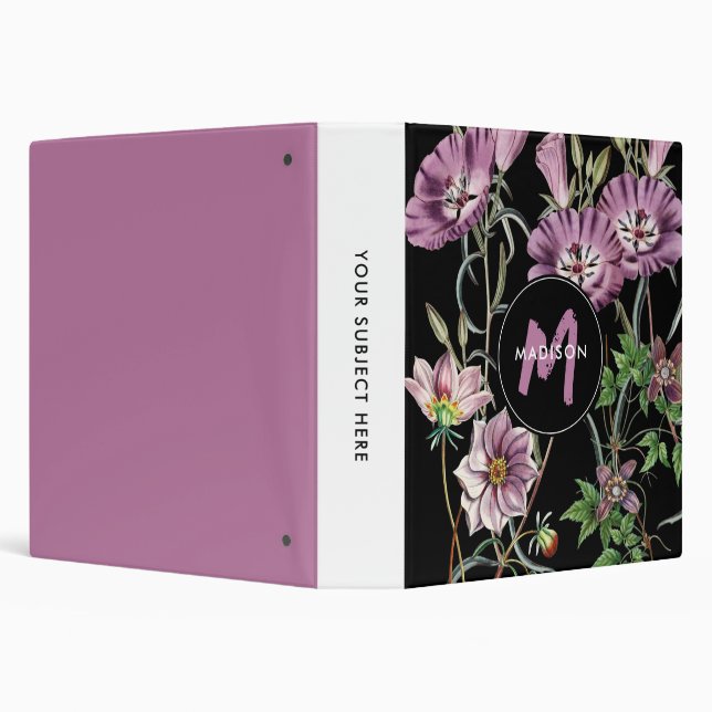 Watercolor Wildflowers Black Purple Monogram 3 Ring Binder (Background)