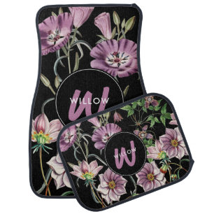 Watercolor Wildflowers Black Purple Monogram Car Floor Mat