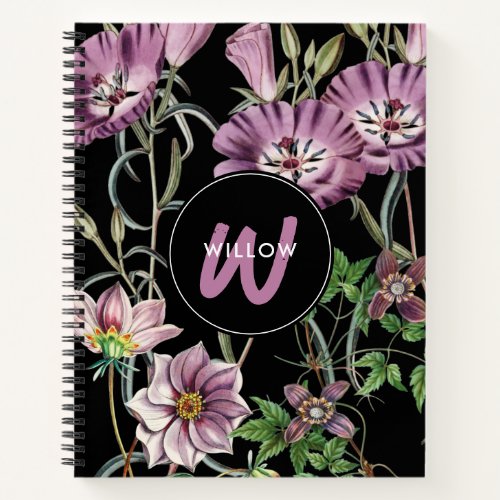 Watercolor Wildflowers Black Purple Monogram  Notebook