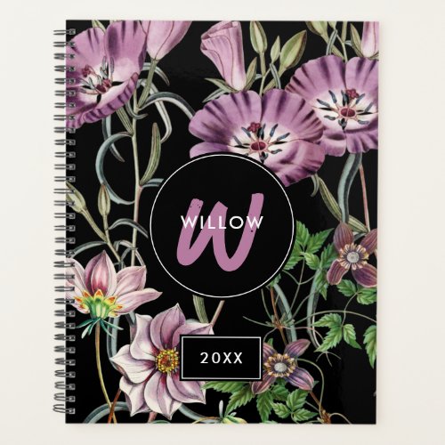 Watercolor Wildflowers Black Purple Monogram   Planner