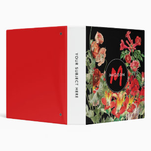 Watercolor Wildflowers Black Red Monogram 3 Ring Binder