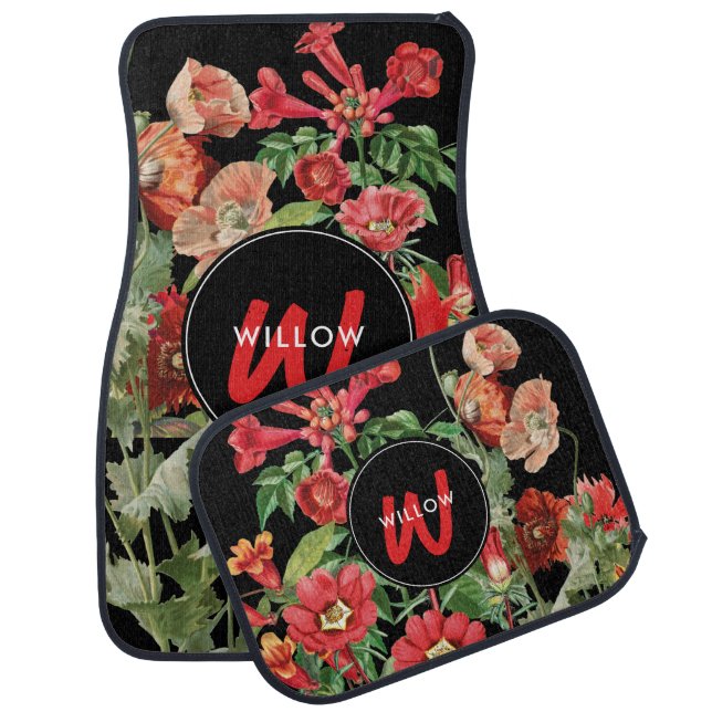 Watercolor Wildflowers Black Red Monogram Car Floor Mat (Set)