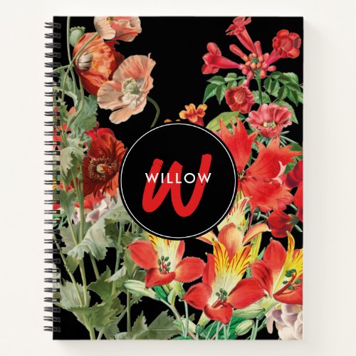 Watercolor Wildflowers Black Red Monogram  Notebook