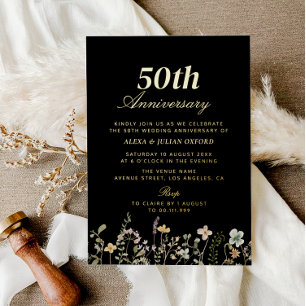 Watercolor Wildflowers Black Wedding Annversary Foil Invitation