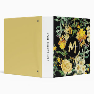 Watercolor Wildflowers Black Yellow Monogram 3 Ring Binder