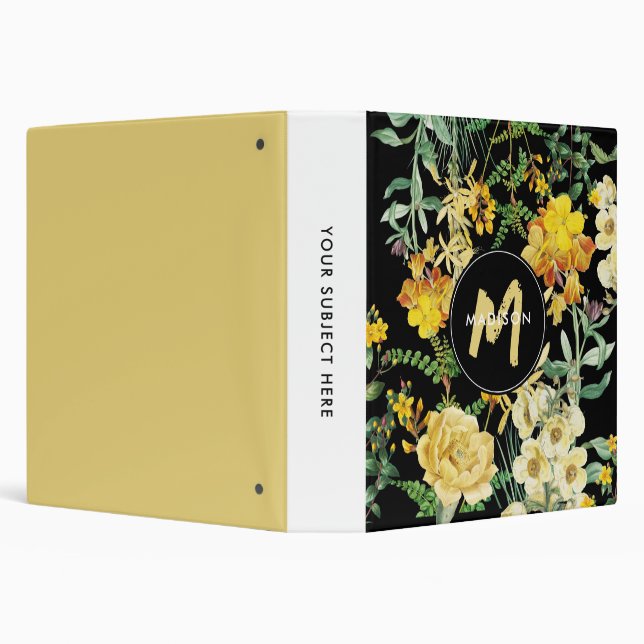 Watercolor Wildflowers Black Yellow Monogram 3 Ring Binder (Background)