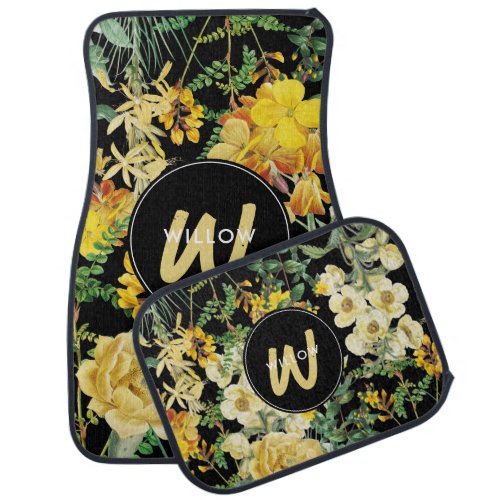 Watercolor Wildflowers Black Yellow Monogram Car Floor Mat