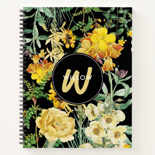 Watercolor Wildflowers Black Yellow Monogram  Notebook