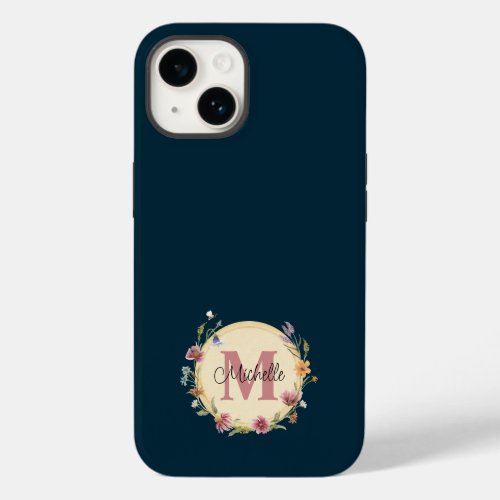 Watercolor Wildflowers Blue Monogram Name   Case_Mate iPhone 14 Case