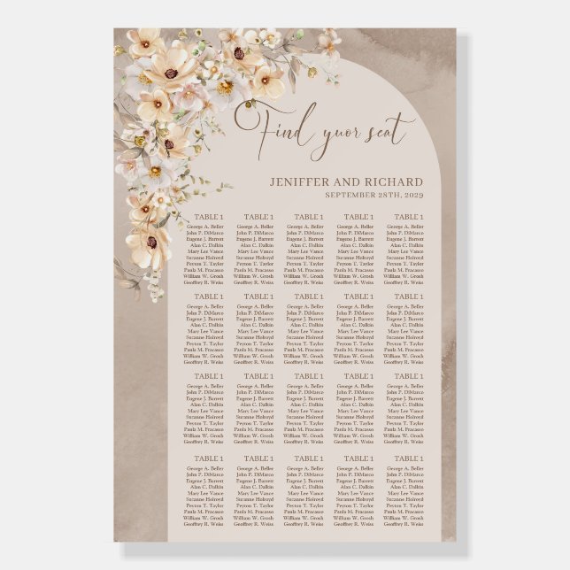 Watercolor wildflowers boho arch Seating Chart Foam Board (Front)