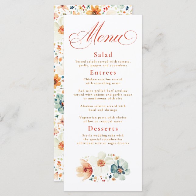 Watercolor Wildflowers Boho Fall Wedding Menu (Front/Back)