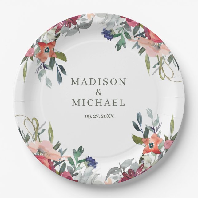 Watercolor Wildflowers Boho Garden Wedding Paper Plates (Front)