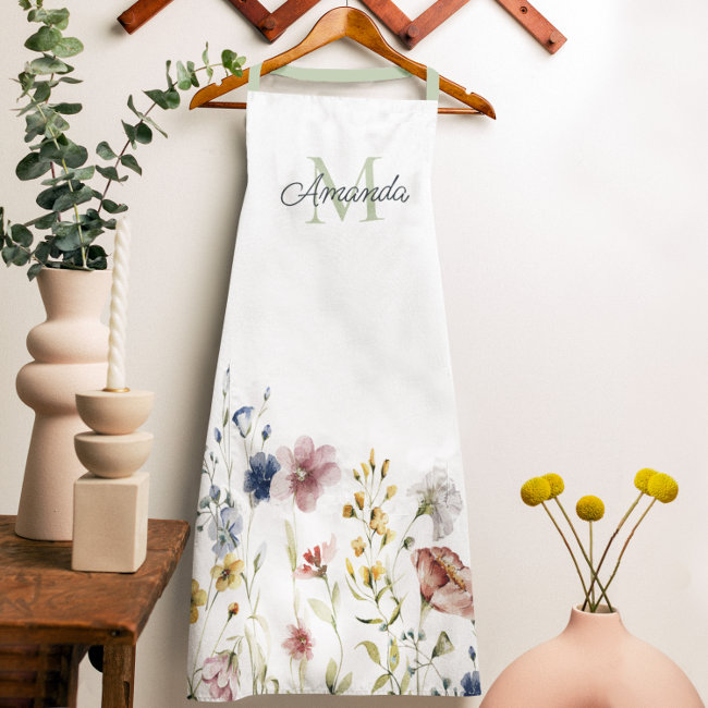 Watercolor Wildflowers Boho Stylish with Monogram Apron