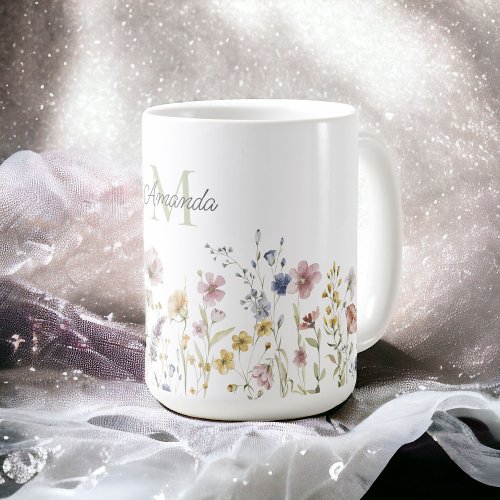Watercolor Wildflowers Boho Stylish with Monogram Coffee Mug
