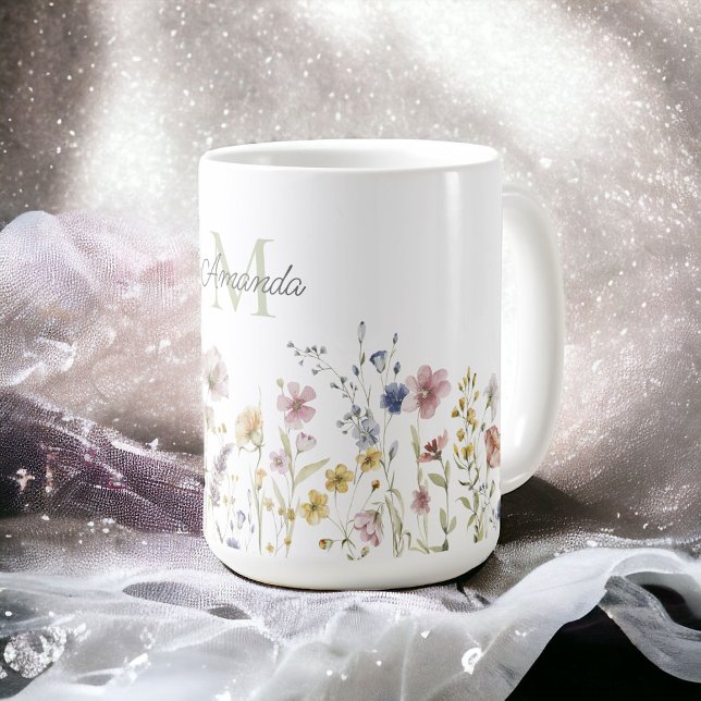 Watercolor Wildflowers Boho Stylish with Monogram Coffee Mug (Creator Uploaded)