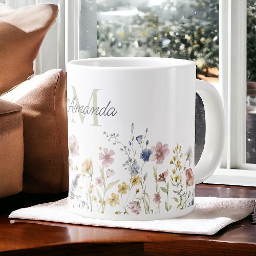 Watercolor Wildflowers Boho Stylish with Monogram Giant Coffee Mug