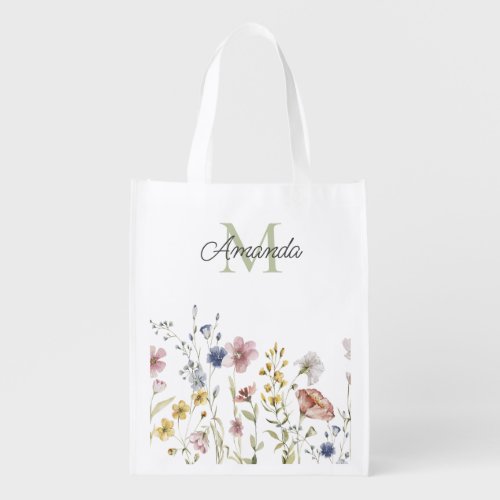 Watercolor Wildflowers Boho Stylish with Monogram Grocery Bag