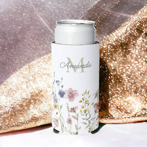 Watercolor Wildflowers Boho Stylish with Monogram Seltzer Can Cooler