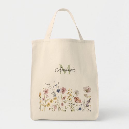 Watercolor Wildflowers Boho Stylish with Monogram Tote Bag